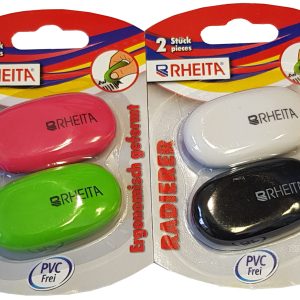 Rheita ergonomische Radierer, PVC-frei, farblich sortiert, 2 Stück auf Blisterkarte