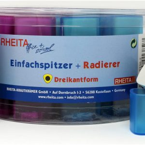 Rheita Dosenspitzer + Radierer in Dreikantform, farblich sortiert, 18 Stück in Runddose