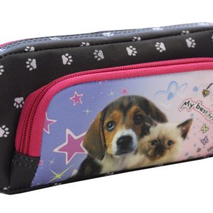 Rheita Schlamperrolle eckig mit Seitenfach, schwarz, mit Motiv "Hund & Katze", abwaschbares Material